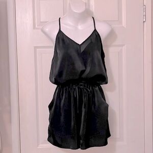 Ro & De Black Spaghetti Strap Flowy Satin Sexy Short Romper Sz S